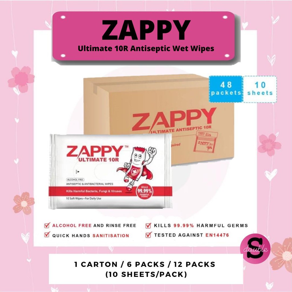 Zappy Ultimate Antiseptic 10R Wet Wipes 6 12 Packets Or Carton Deal