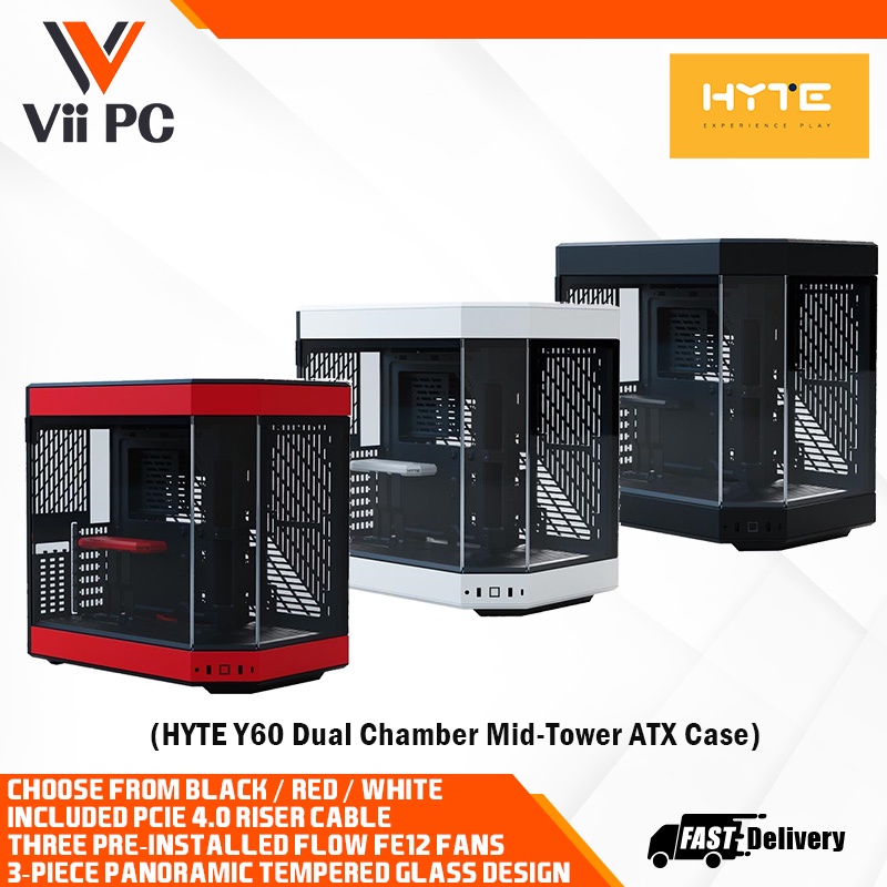 Hyte Y Case Black Dual Chamber Atx Mid Tower Chassis Black Red White