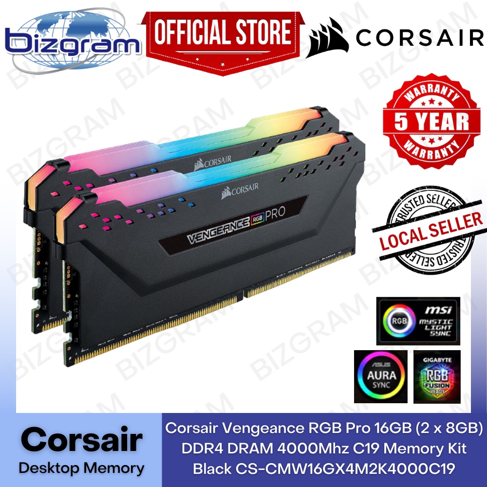 Corsair Vengeance RGB Pro 16GB 2 X 8GB DDR4 DRAM 4000Mhz C19 Memory