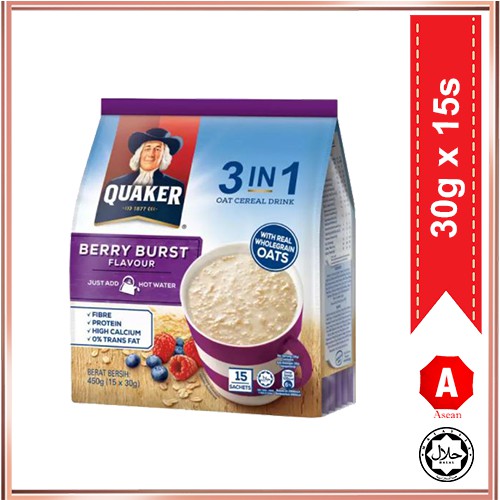 Quaker 3 IN 1 Instant Oats Cereal Drink Berry Burst Flavour 15 Sachets