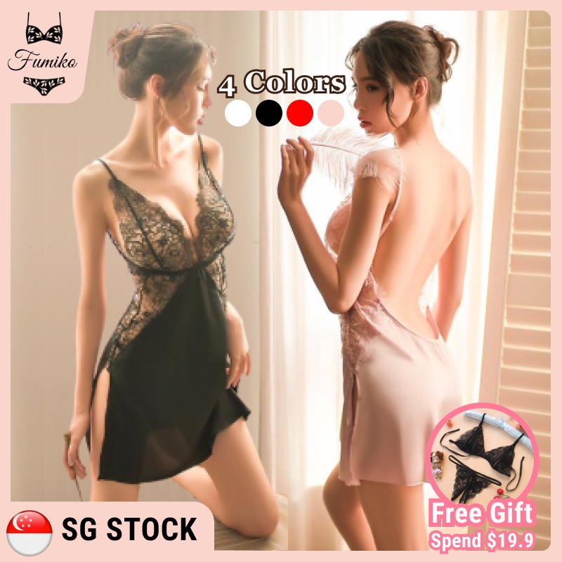 SG Stock Fumiko Satin Night Dress Sexy Lingerie Women Pajamas Night