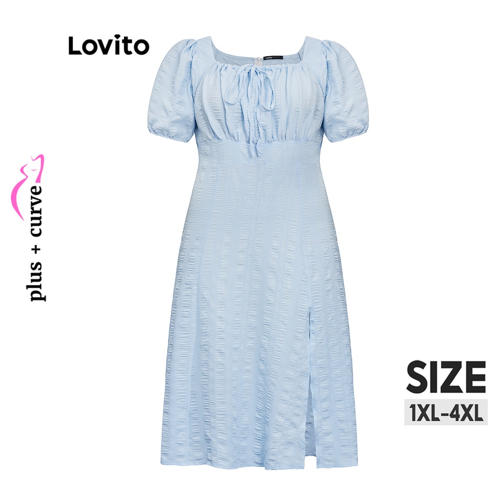 Lovito Plus Size Curve Boho Plain Lace Up Ruched Split Puff Sleeve