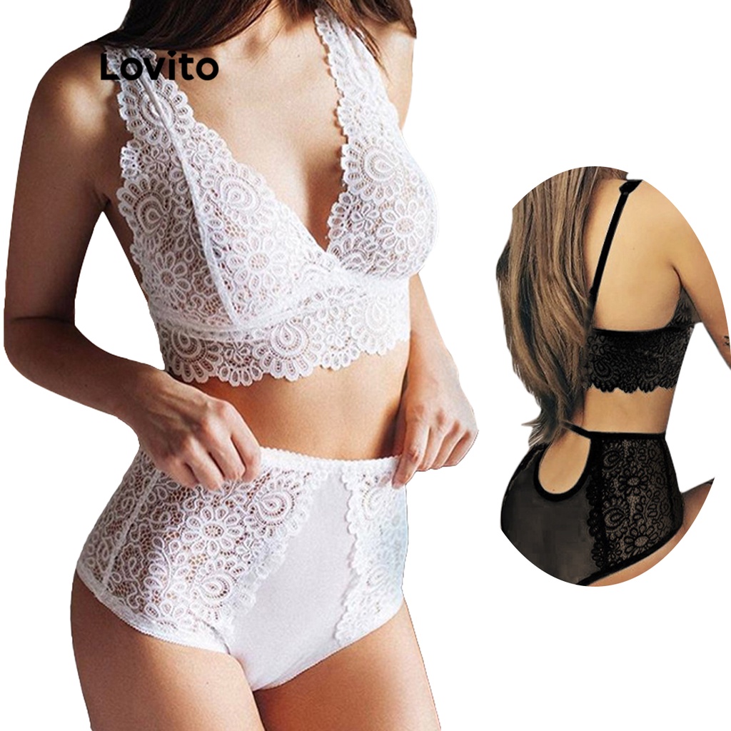 Lovito Sexy Lace And Mesh Contrast Deep V Neck Lingerie L White