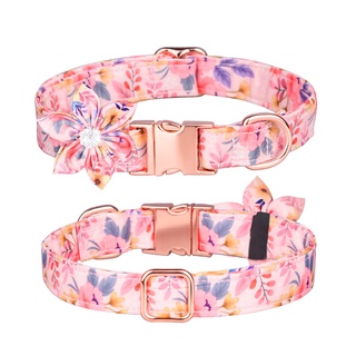 Beirui Custom Flower Girl Dog Collar and Leash Set for Female Dogs Floral Pattern Engraved Pet Collars with Personalized Gold Buckle Daisy , S 