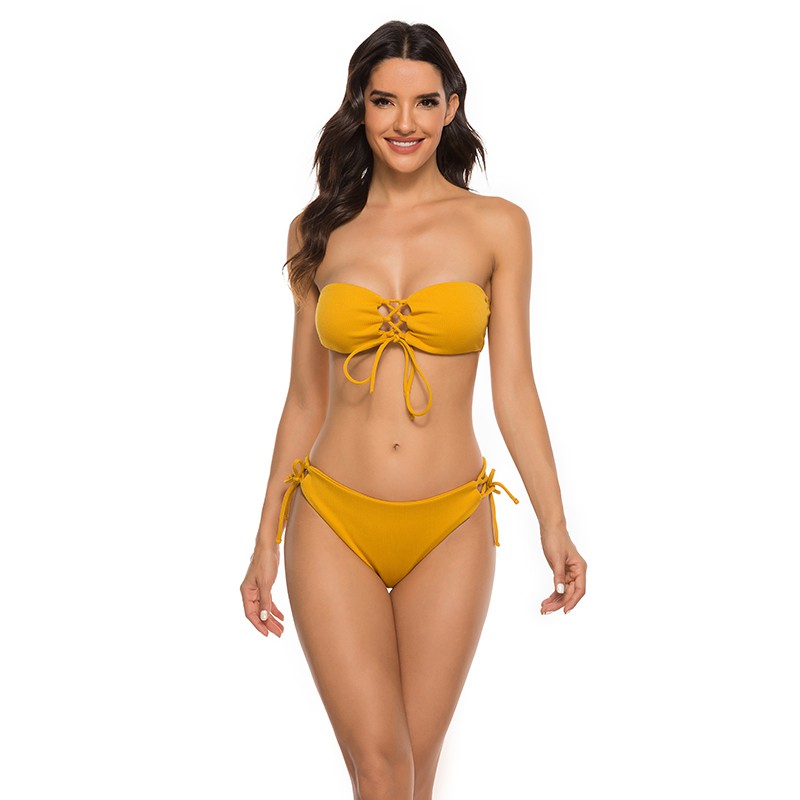 yellow strapless bathing suit