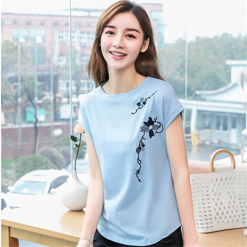 Hengshikeji Blouses for Womens Women Flower Printed Tops Round Neck T-Shirt Short Sleeve Loose T-Shirt Fashion Shirt 