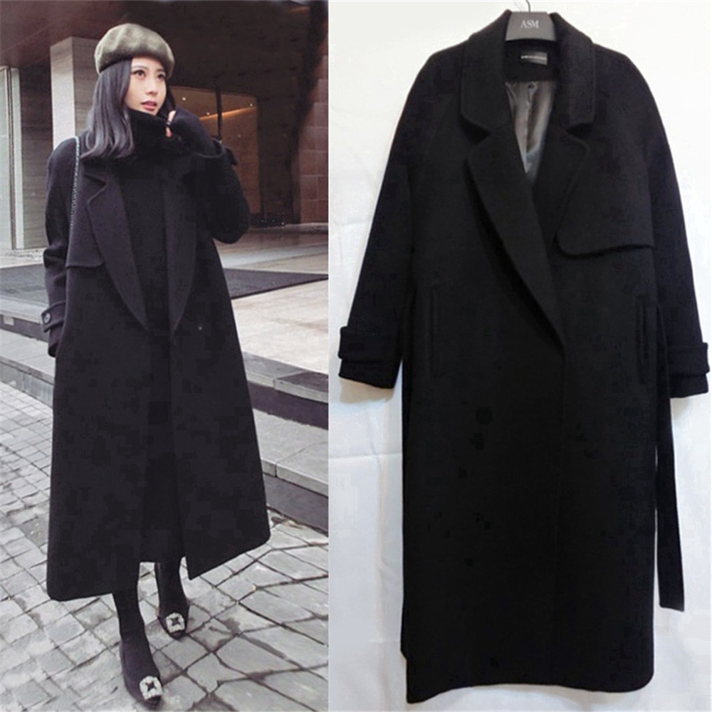Women Korean Style Wool Long Coats Jackets Autumn Winter Casual