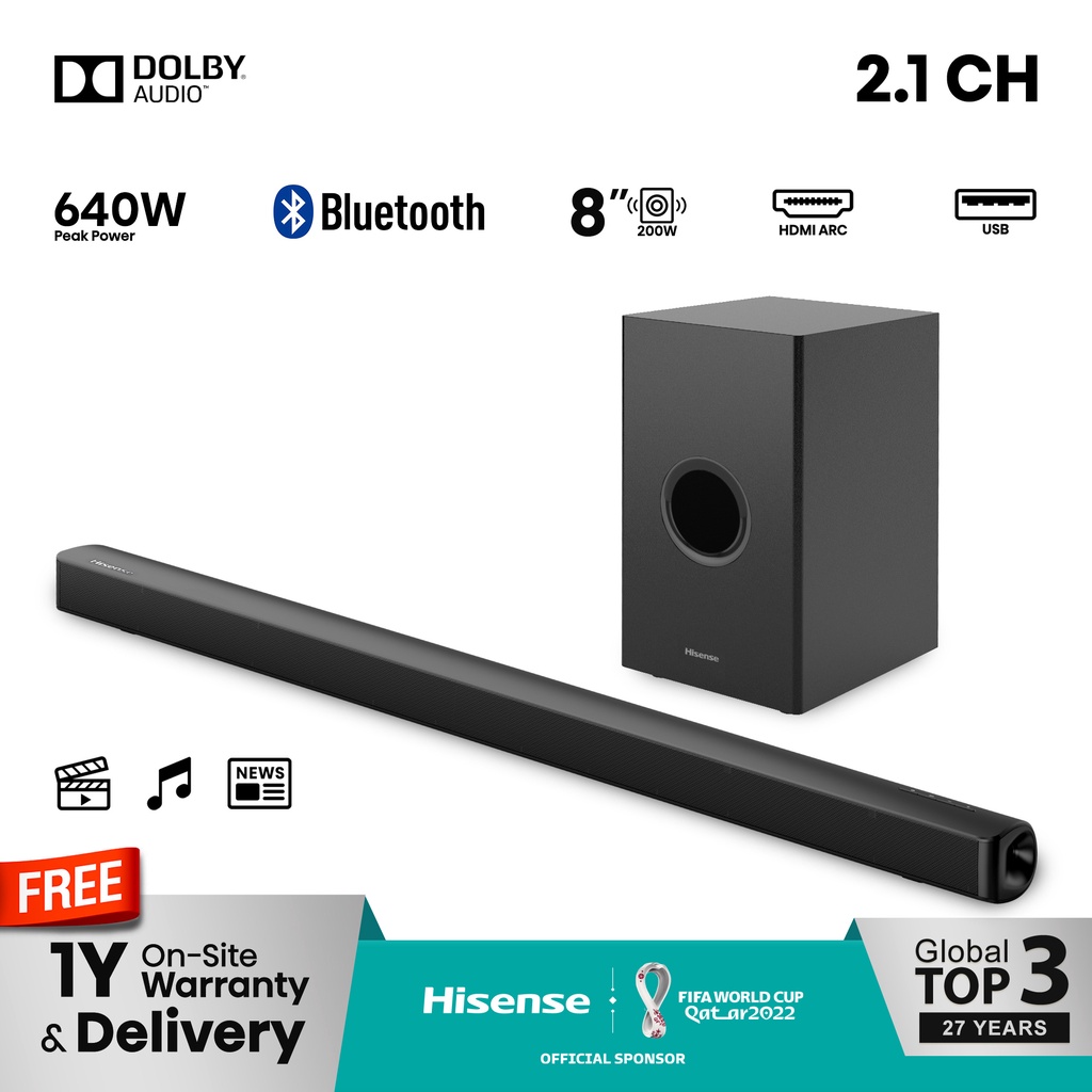 Hisense HS219 2.1CH Soundbar 640W Dolby Audio 8" 200W Wireless