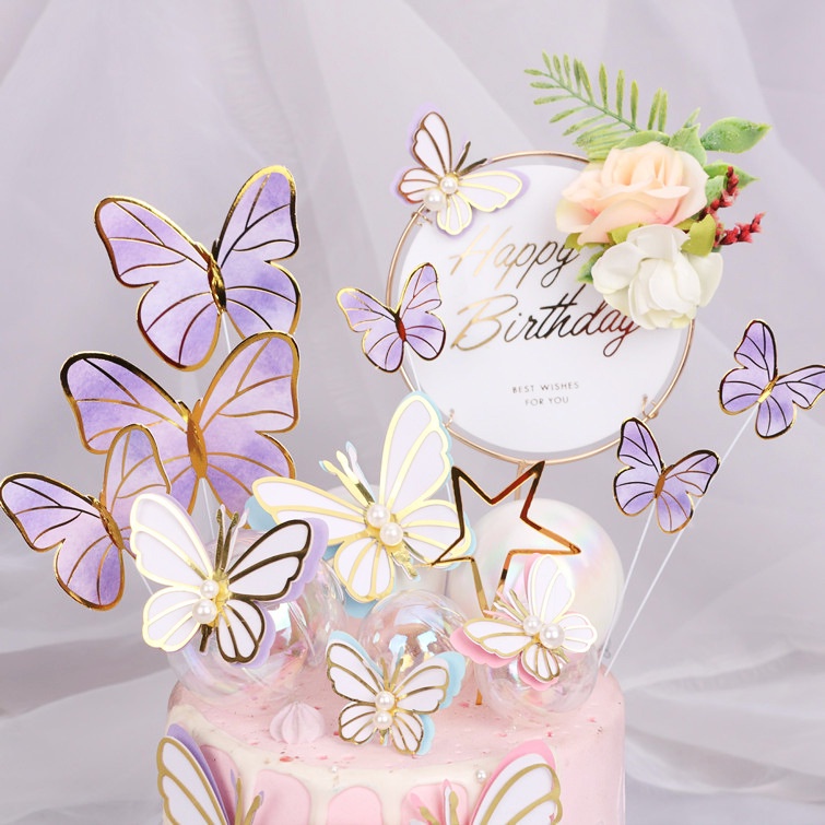 11PCS Pink Purple Butterfly Cake Topper Happy Birthday Romantic Wedding ...