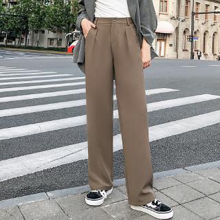 Image of Formal Pants Women Korean High Waist Trousers Loose Straight Leg Long Pants Plus Size