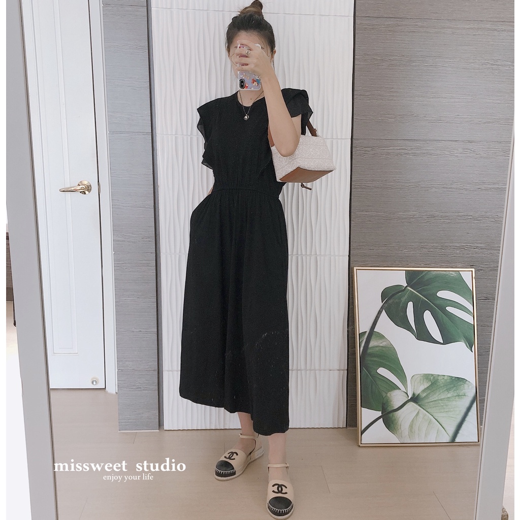 Missweet Exclusive Hemp Beans Tw28 Fresh Lotus Leaf Sleeve Solid Long Dress 2 Colors Free Belt Shopee Singapore