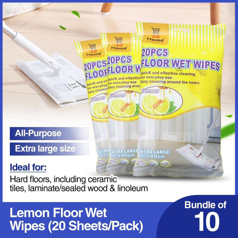 Lemon Wet Floor Wipes extra large Bundle of 10 Packets x 20 Sheets Per