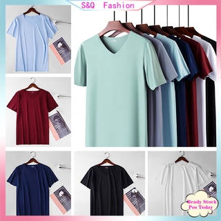 Men Ice Silk Quick Dry T-shirt Short Sleeve V Neck Solid Color Seamless Breathable Top Plus Size