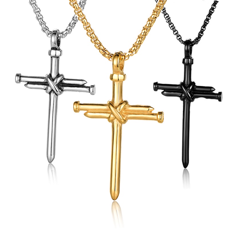 Image of Vintage Stainless Steel Necklace Men Nail Cross Pendant-Chain Necklace Mens Jewellery Christian Church Baptism Gift #0