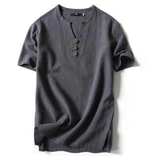 Image of Summer Men's Cotton Linen Short Sleeve Chinese Style T-Shirt V-Neck Casual Shirt