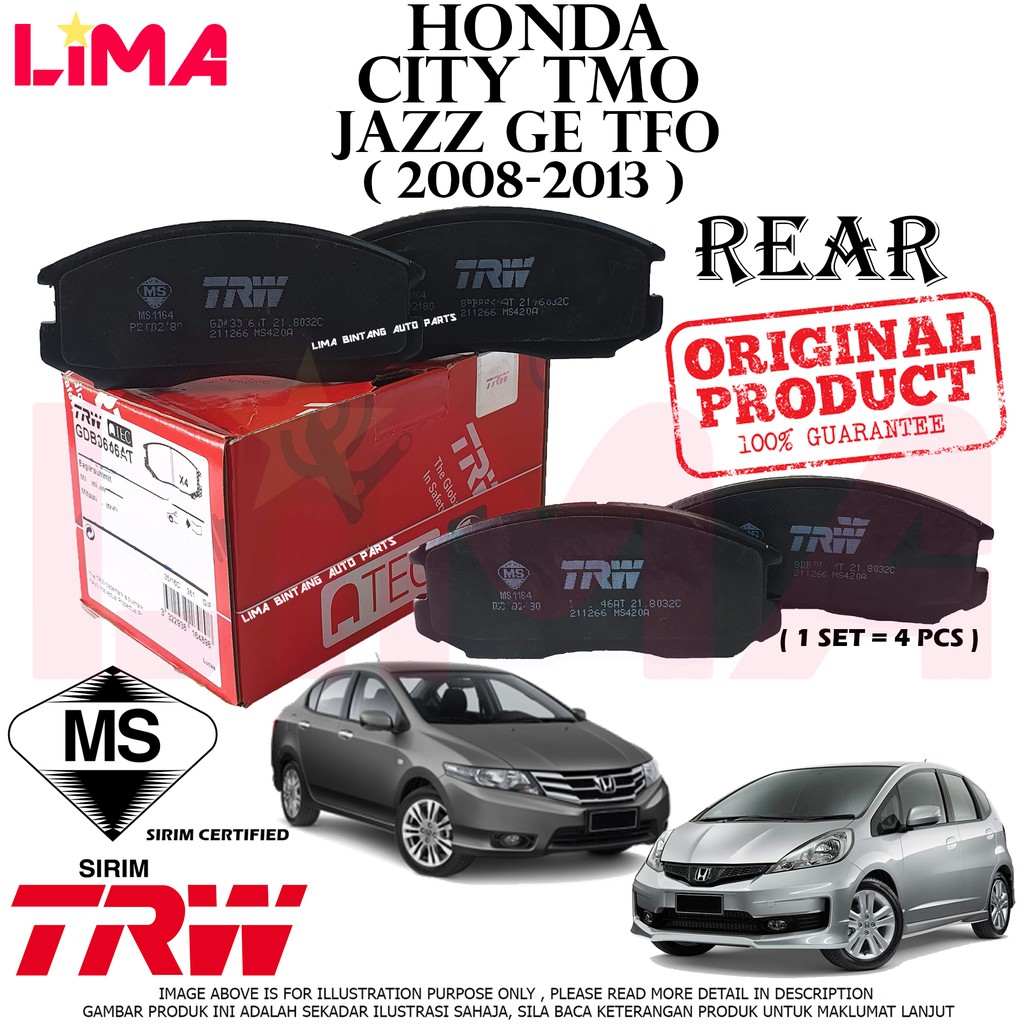 Honda City Tmo T9a Gm6 Jazz Ge Tfo Gk T5a Front Rear Brake Pads Disc Brake Pad Trw Original 2009 2019 Shopee Singapore