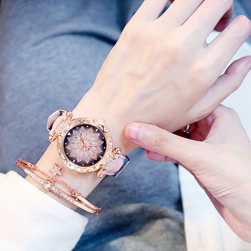 Women Watches Bracelet Set Starry Sky Ladies Bracelet Watch Casual Leather Quartz Wristwatch Clock