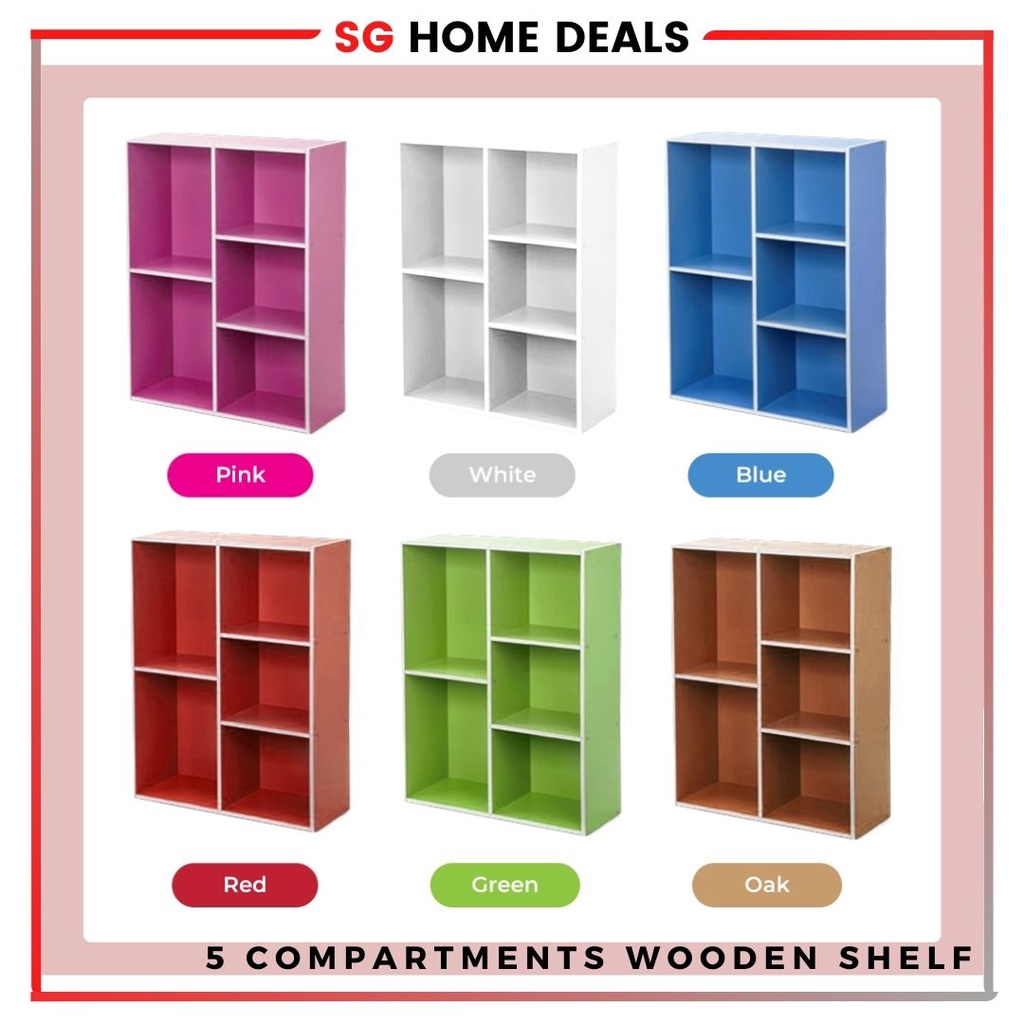 [SG STOCKS] 5 Compartment Multipurpose Wooden Book Rack, Book Shelf ...