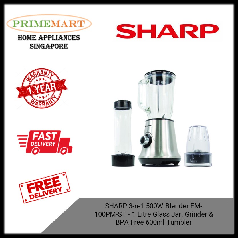 SHARP 3n1 500W Blender EM100PMST 1 Litre Glass Jar. Grinder & BPA