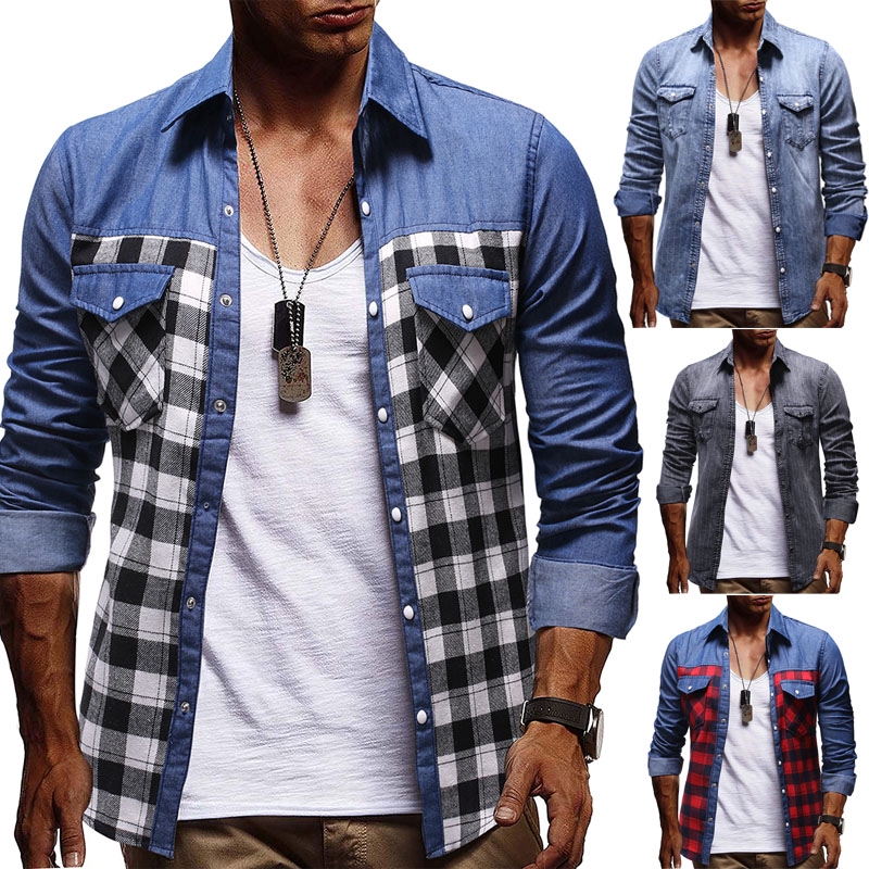 Men Denim Shirt Jean T Shirt Long Sleeve Shirt Casual T Shirt Striped Tops Shirt Men Shirt Men T Shirt Shopee Singapore