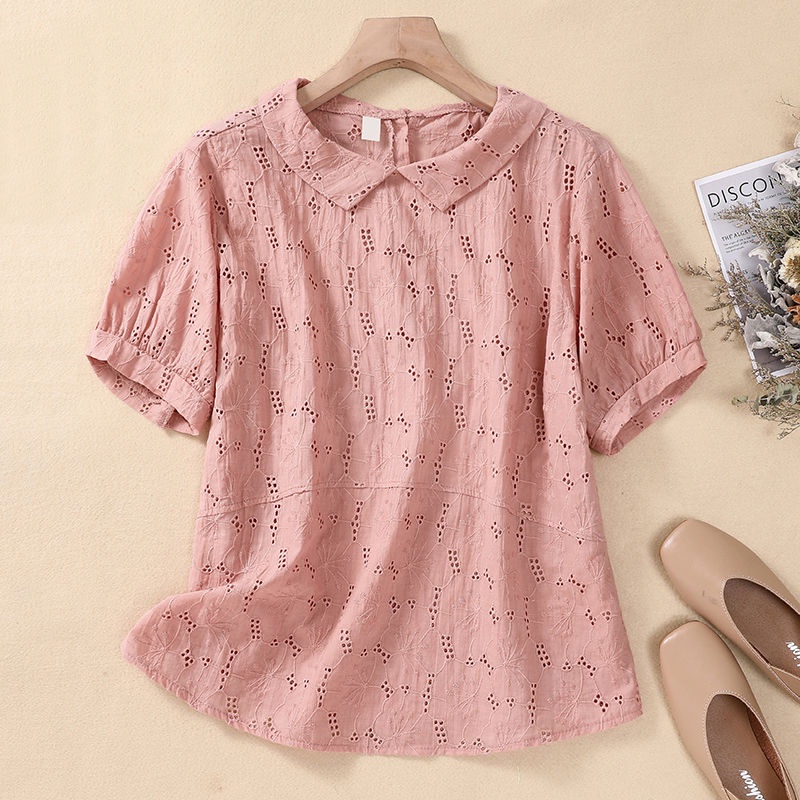 Short Sleeve Blouse Hollow Jacquard Cotton And Linen Women Age Reducing And Slimming Pullover 4165