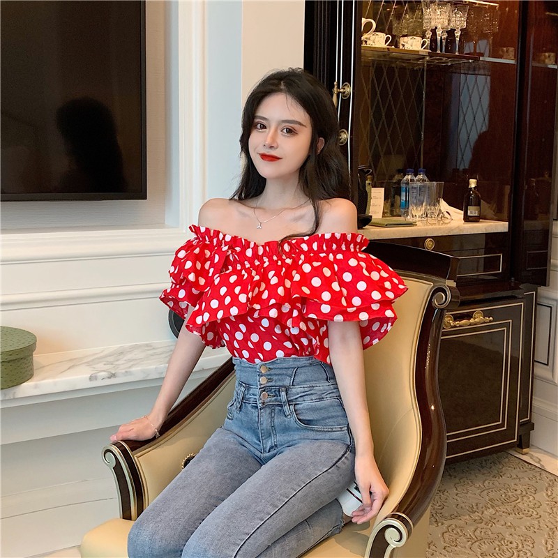 red and black polka dot top