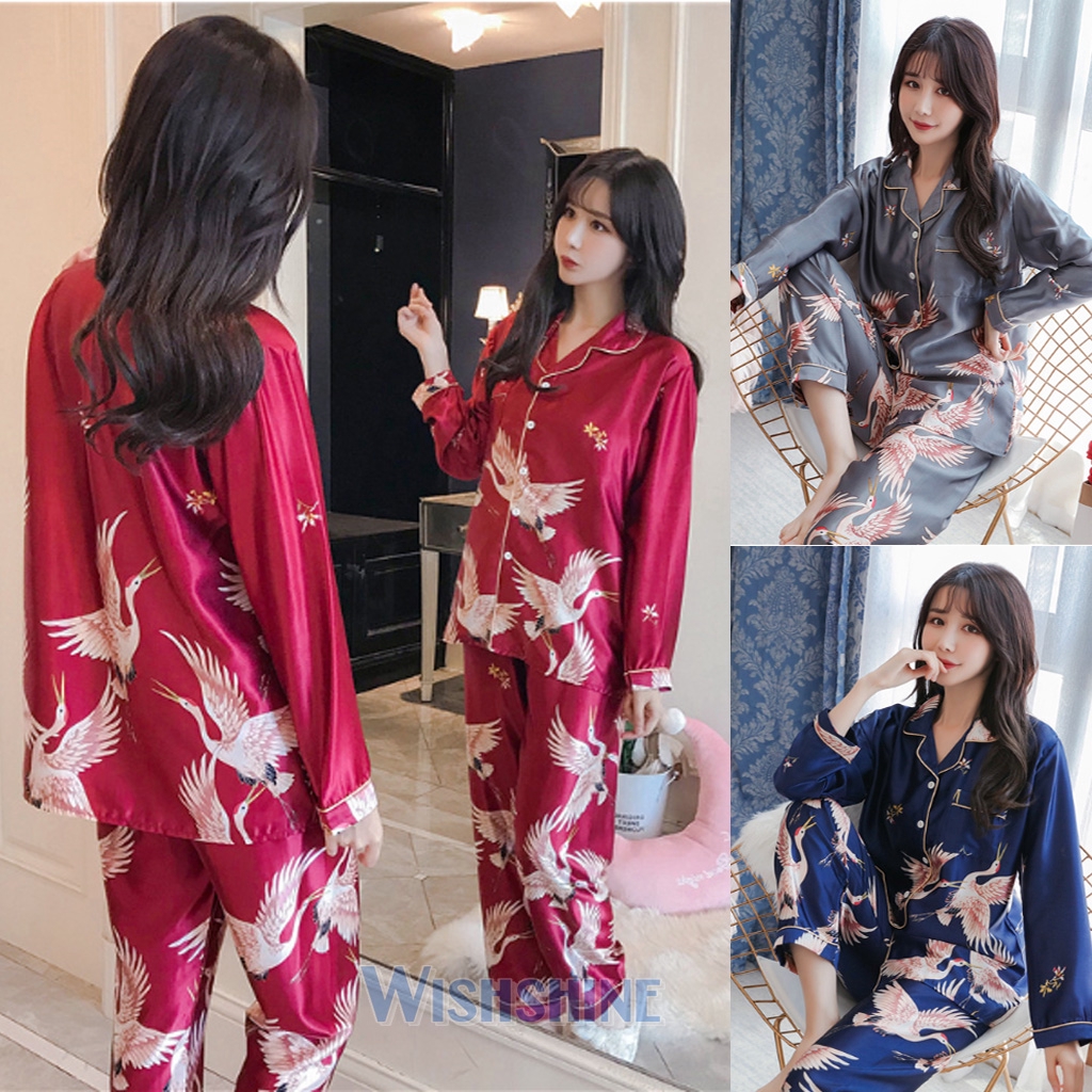 Women Plus Size M 5XL Baju  Tidur  Silk  Satin  Long Sleeve 