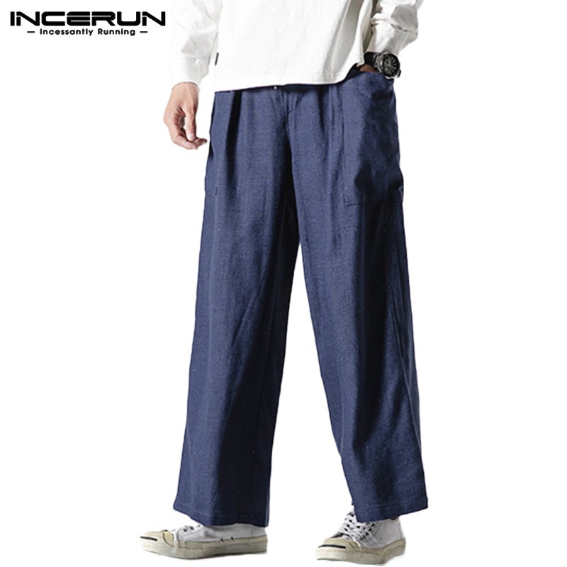 INCERUN Mens Vintage Loose Casual Cotton Linen Retro Solid Pants Baggy Trousers