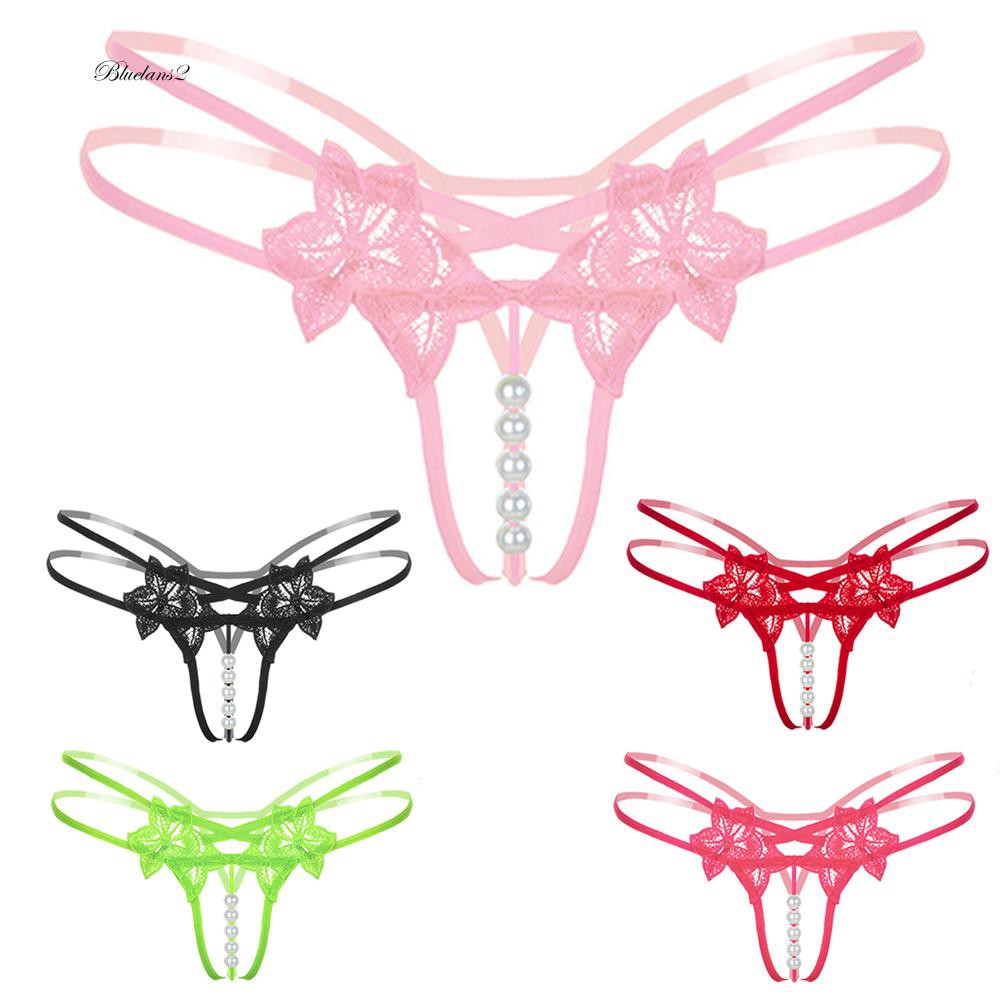 Sexy GString Floral Lace Strap Thong Imitation Pearl Women Honeymoon