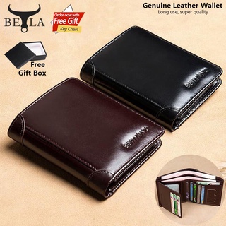 BELA Men Wallet Genuine Leather Short Vertical Trifold Wallet for Men Black Coffee Color Dompet Lelaki Anti RFID Card Holder
