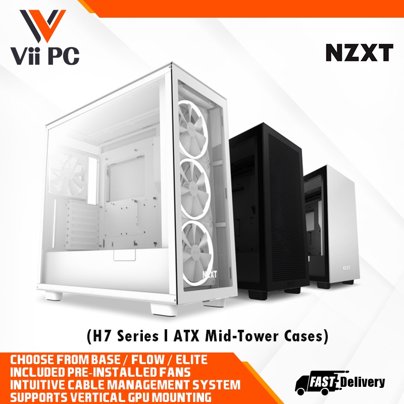 NZXT H7 Series ATX Mid Tower Case, H7, H7 Flow, H7 Elite, With Tempered Glass Window, With pre-installed fan, PC chassis