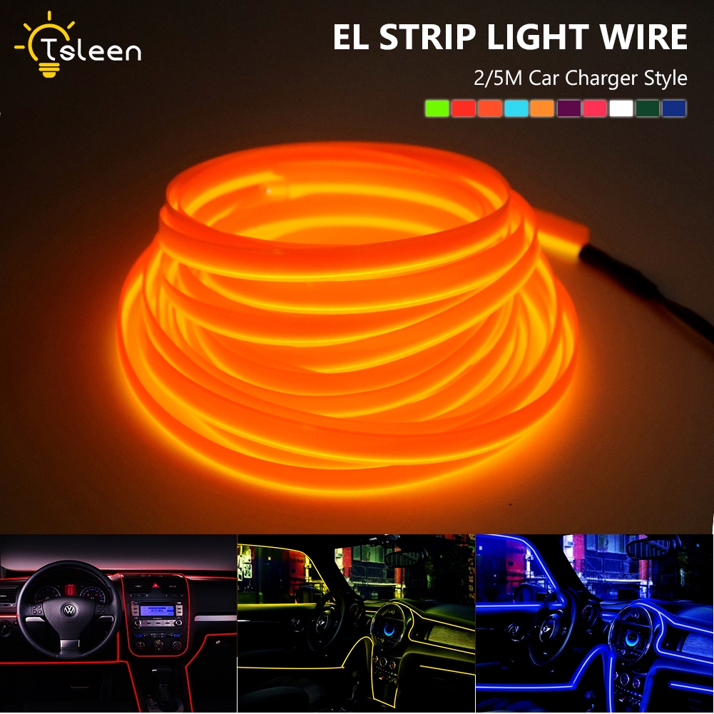 Flat El Wire Neon Light Strip 5m With Power Inverter For Car Interior Decor