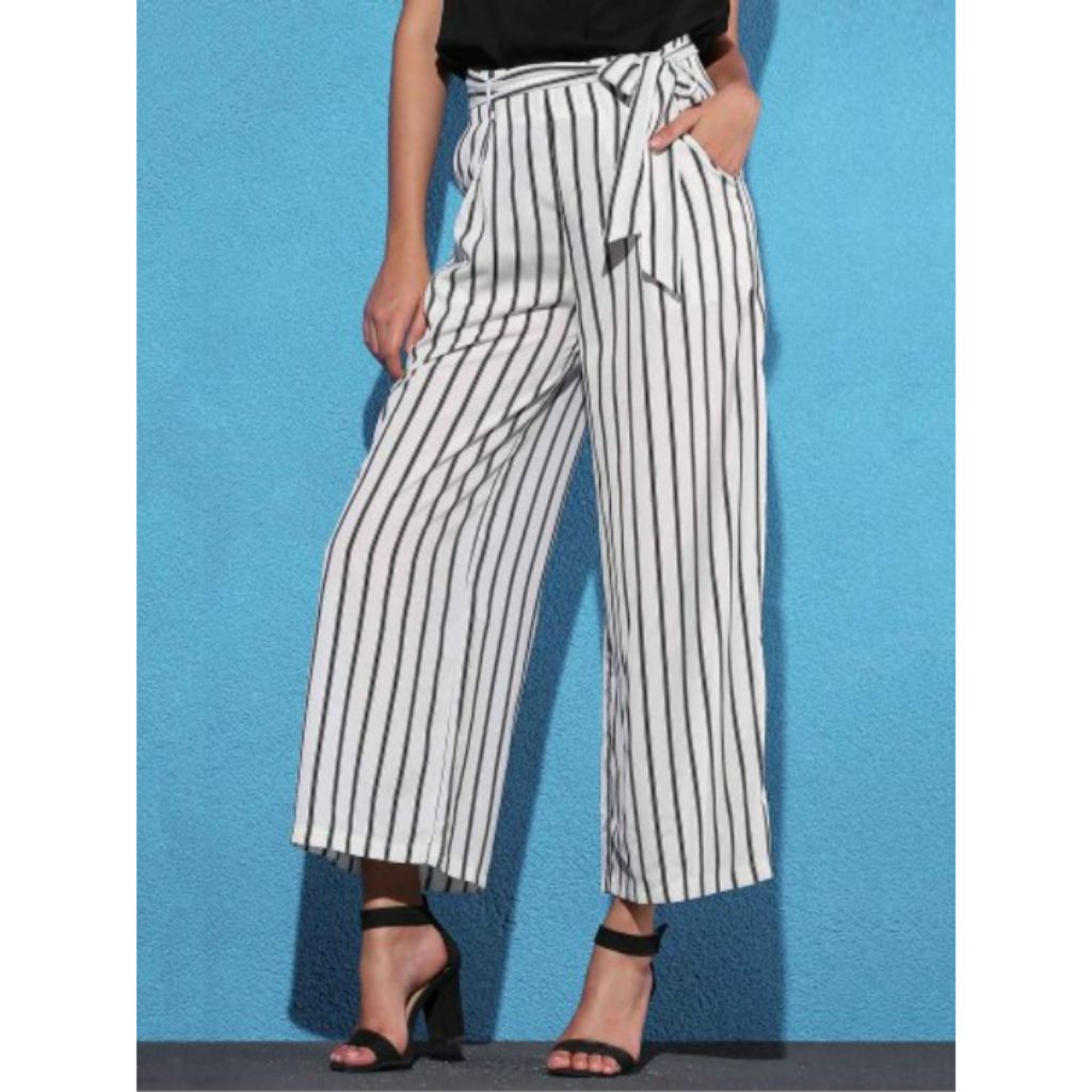 blue and white striped wide leg pants