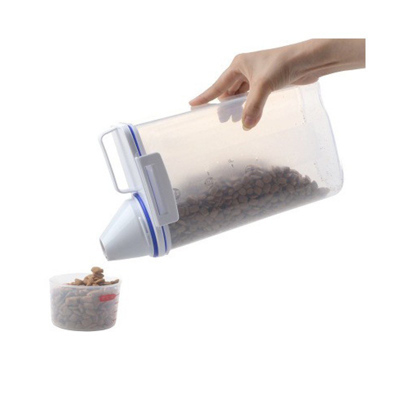 Pet Food Storage Container With Pour Spout and Measuring Seal Buckles