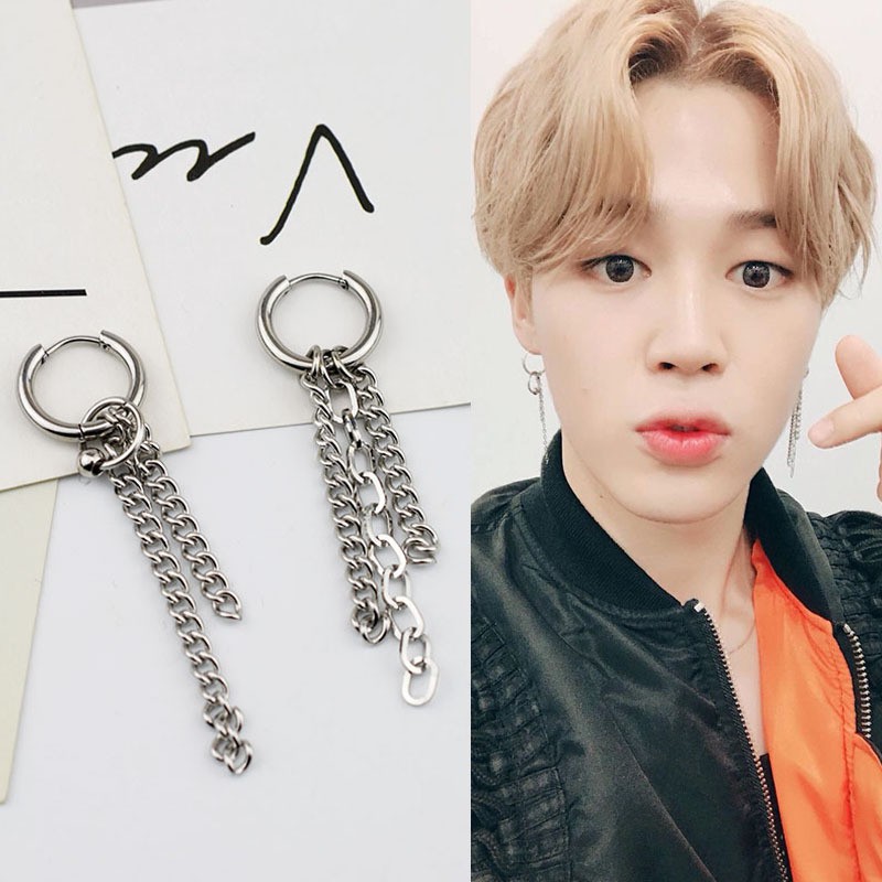 Kpop BTS Earrings Bangtan Boys JIMIN Silver Chain Ear Studs Fashion ...