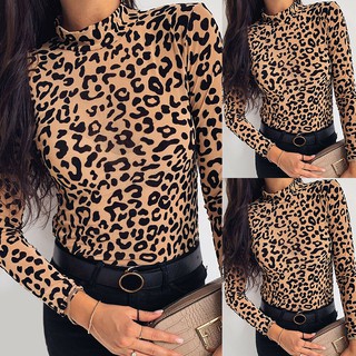 [Ready Stock] Women Leopard Print T Shirt Long Sleeve High Neck Casual