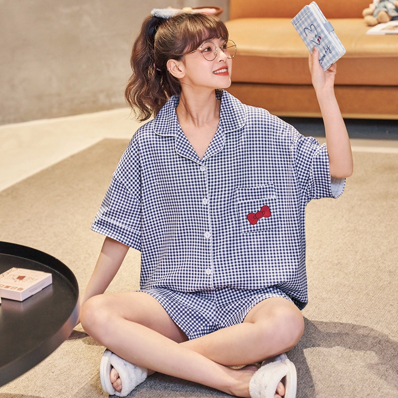 100 Cotton Cute Light Blue Plaid Pajamas For Girls Shopee Singapore