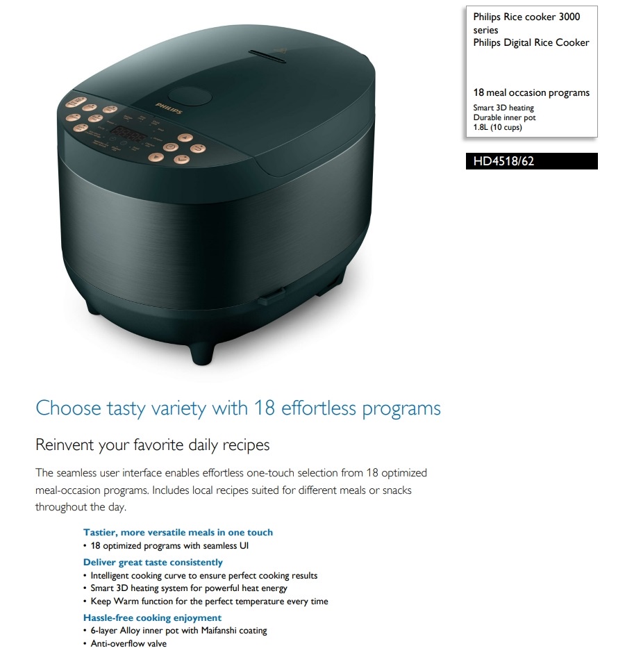Philips HD4518/62 Digital Rice cooker 3000 Series Shopee Singapore