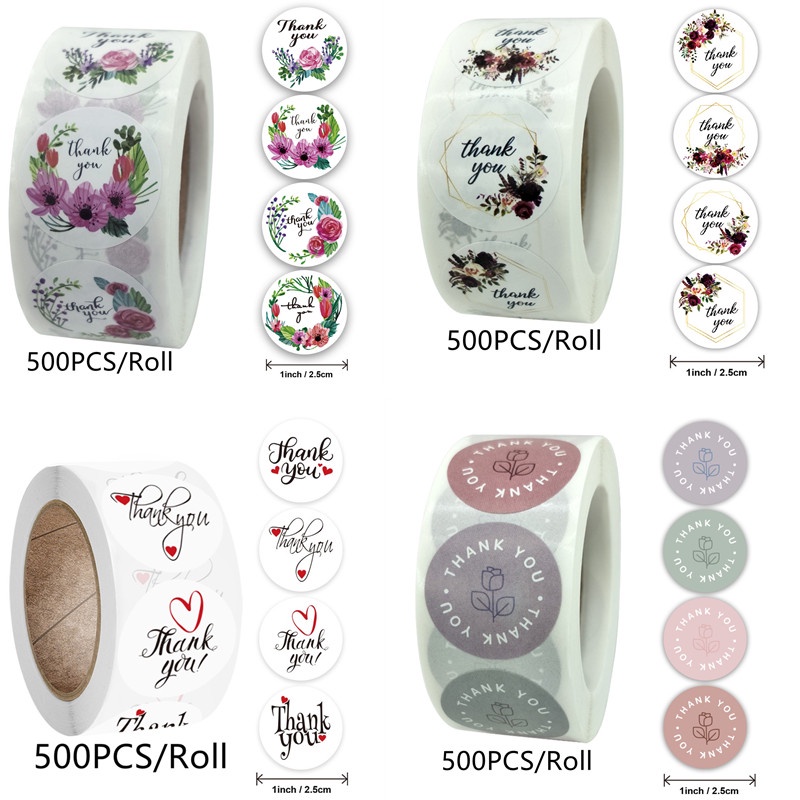 500pcs/roll 1 Inch Round Floral Thank You Stickers Scrapbooking For Package Seal Labels Custom Sticker Decoration Wedding Sticker