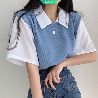 Sanrios Anime KawaiiInsins Polo Collar Fake Two-piece College Style Simple Contrasting Color Short-sleeved Lapel T-shirt Women's Loose and Thin Casual All-match Top