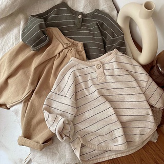 Plain Literary T-Shirt~Children Thin Long-Sleeved Boys Girls Tops Round Neck Striped Single Button Washed Distressed Bott