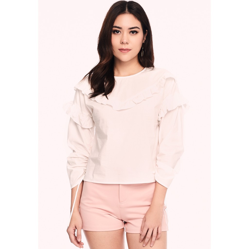 white long sleeve ruffle top