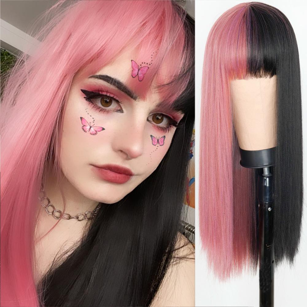 Lolita Half Black Half Pink Wig For Black Women African American Synthetic Pink Hair Wigs With Bangs Heat Resistant Cosp Shopee Singapore