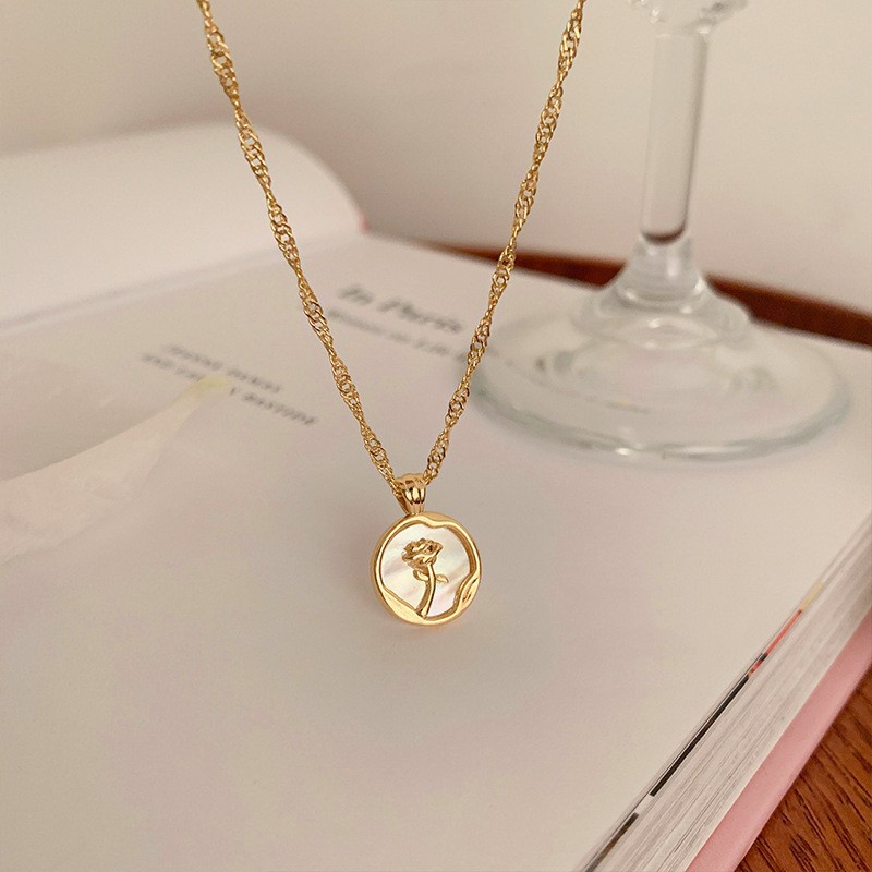 Image of White Simple Rose Necklace Female Personality Round Card Pendant Collarbone Chain Sweet Niche Design Necklace #4