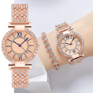 Luxury Rhinestone Women Stainless Steel Quartz Watch Bracelet Set