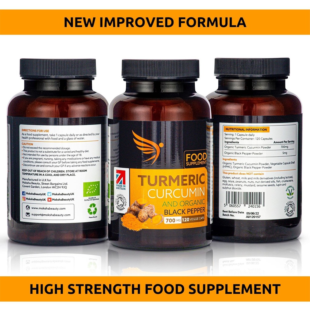 Moksha Turmeric Capsules with Black Pepper – Made in UK – High Strength Food Supplement – 120 Vegan Capsules – Soil Association – Organic