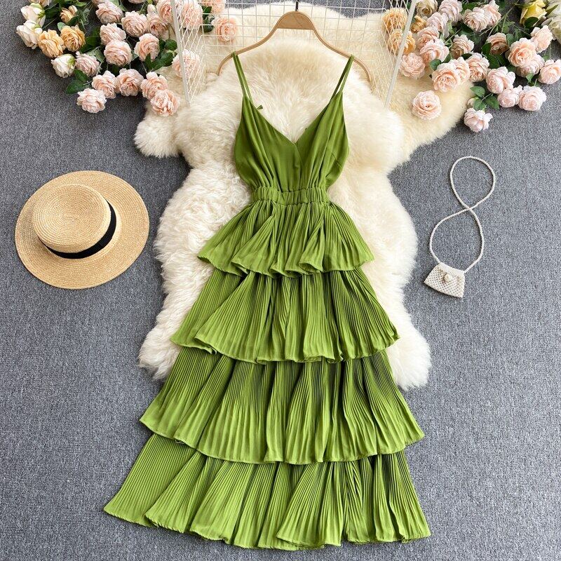 Summer Women Draped Ruffle Spaghetti Strap Dress Sexy Vacation Beach Vestidos Female Elegant High Wa