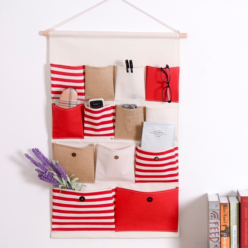 Pocket Wall Hanging Organizer Bag Linen Stripe Multi Layer Practical Storage Box