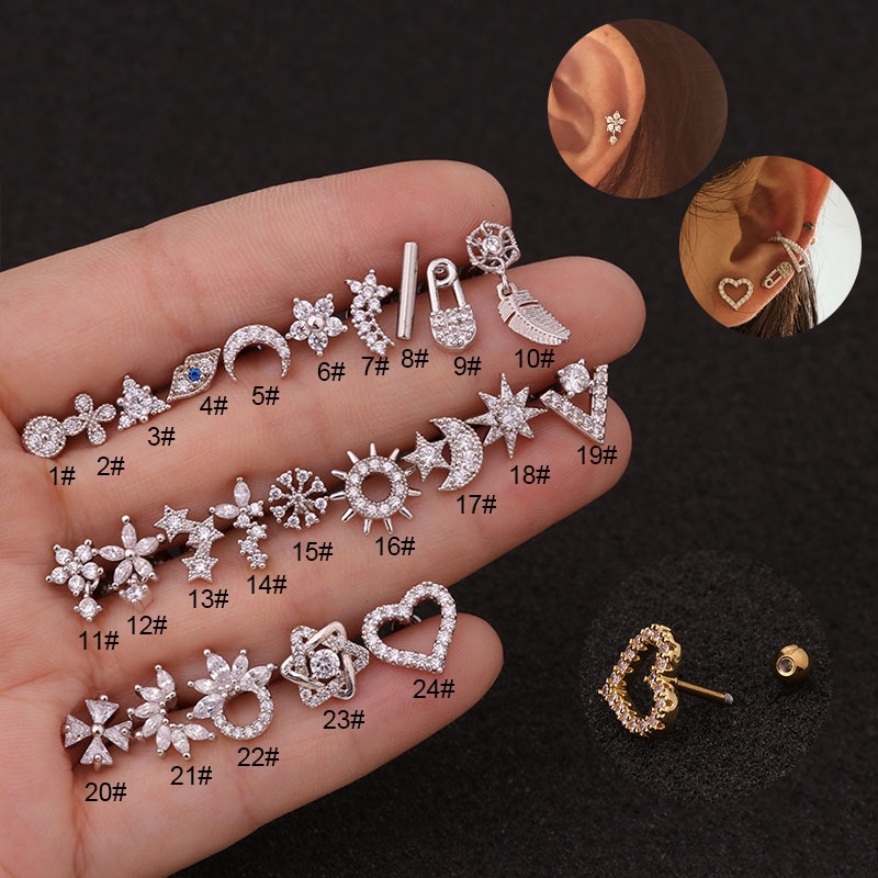 1pc Gold Silver Color Stainless Steel Ear Cartilage Helix Screw Back Earring Stud Cz Tragus Rook Conch Piercing Jewelry Shopee Singapore