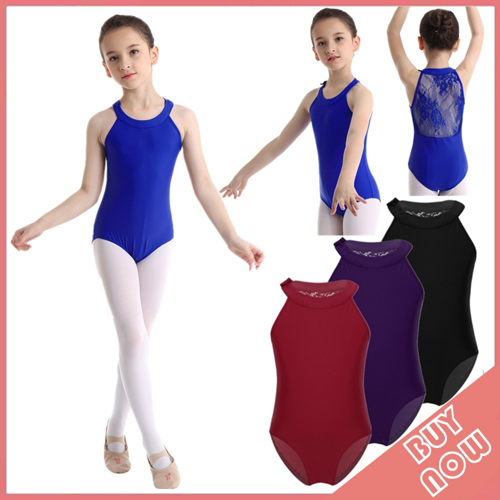 Hansber Girls Kids Stylish Lace Back Ballet Dance Gymnastics Leotards Pure Color Floral Sports Jumpsuits 
